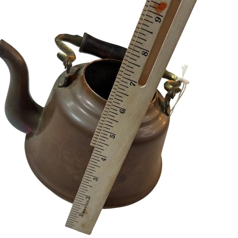 Vintage MCM Copper Tea Kettle Etched Floral Swan Spout Wood Handle‎ Rustic Decor